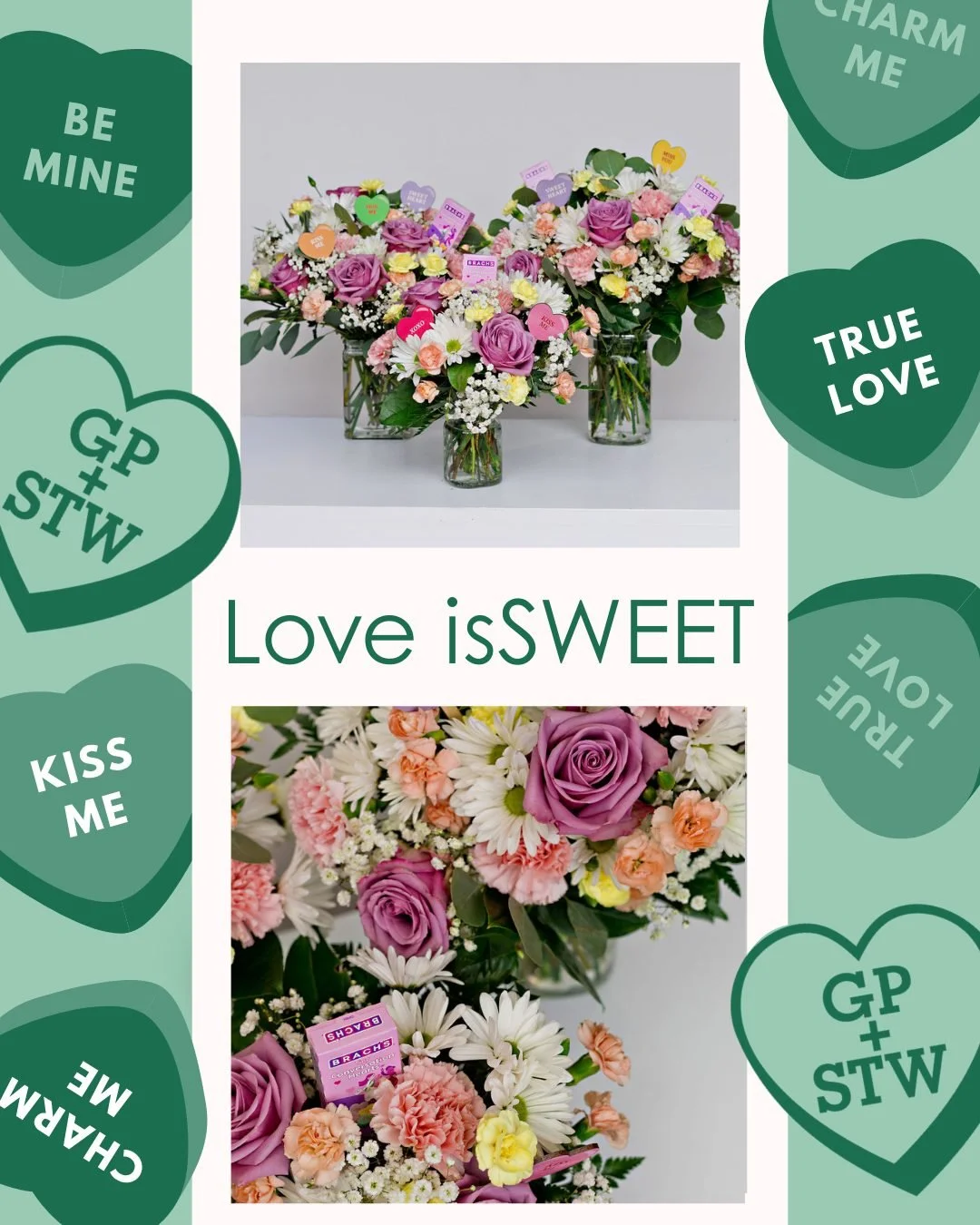 Playful, lighthearted, and full of charm 💛💜💗

Love is SWEET blends sage green, butter yellow , light pink, lavender, and peach blooms, accented with classic conversation hearts in their iconic pastel hues. 

It&rsquo;s nostalgic without being lite