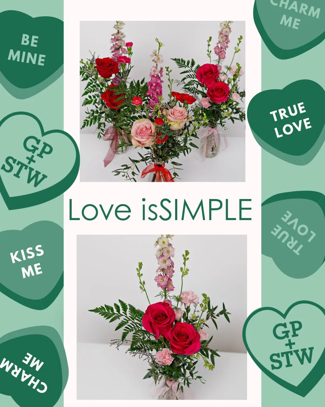 Small gestures, big meaning ❤️

Love is SIMPLE is our bud vase arrangement featuring larkspur, roses, and mini carnations in Valentine&rsquo;s hues 💕. Thoughtful and unfussy, it&rsquo;s a quiet &ldquo;Thinking of You&rdquo; 💌. 

Perfect for couples