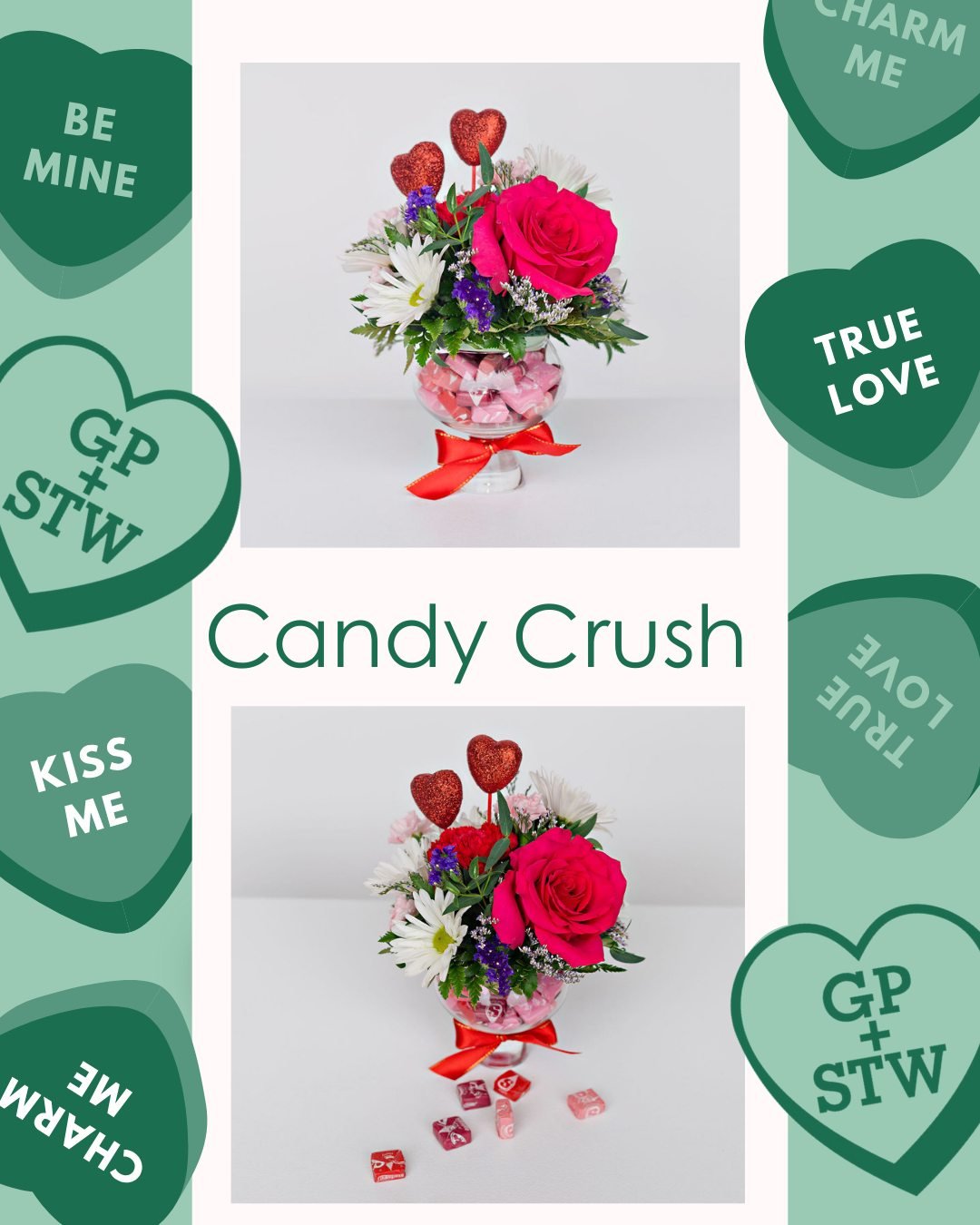Bring a burst of Valentine&rsquo;s fun 💖 with this playful, candy-inspired arrangement 🍬. Candy Crush combines bright blooms, fresh greenery, and sparkling hearts keeping it festive and sweet.

Set atop a glass dessert bowl filled with Valentine&rs