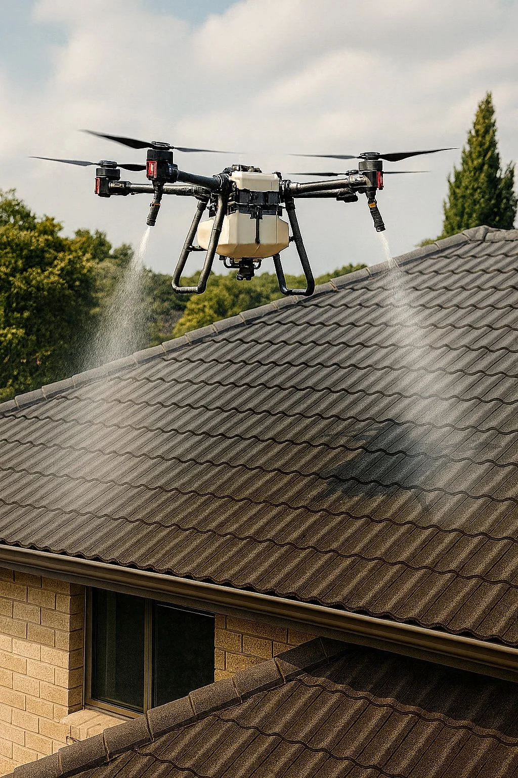 AeroSpray drone spraying treatment onto a house roof