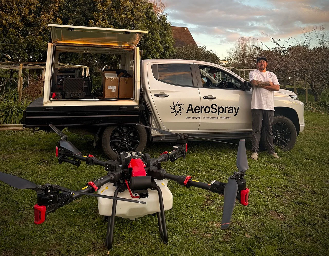 Ed Scharenguivel with the AeroSpray spray drone and work ute