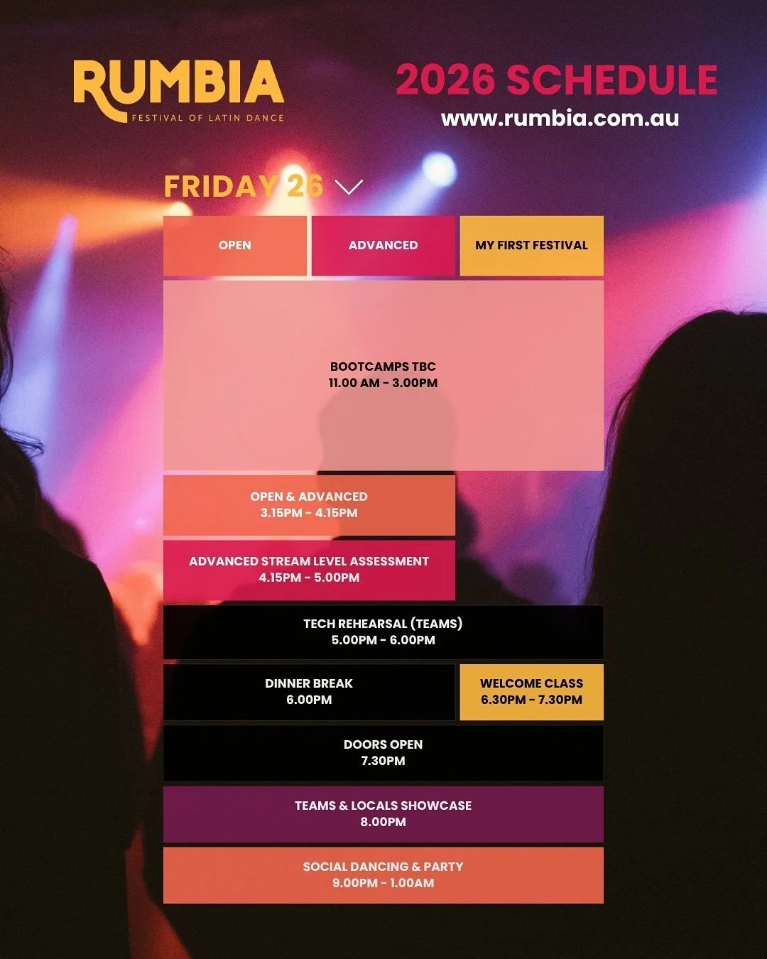 The first edition of your Rumbia 2026 Schedule is out! 🎉

Featuring bootcamps, curated stream workshops, masterclasses, Jack &amp; Jill competitions, shows and of course everyone&rsquo;s favourite - social dancing! 😍

Earlybird tickets ending today