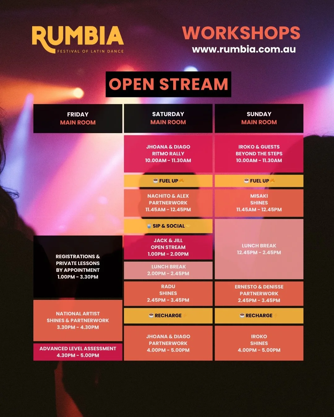 The first look has landed 👀🔥

Your first peek at the RUMBIA Latin Dance Festival workshop timetable is here. This is our Version 1 draft of each stream - designed to help you start planning your weekend, and feel the vibe of what&rsquo;s coming.

E