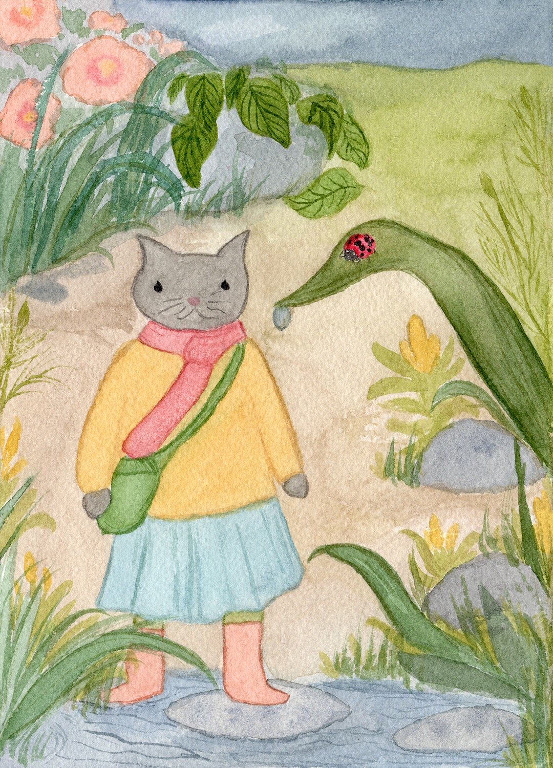 Watercolor illustration of a cat and plants, children's book illustration, Abbigail Villescas