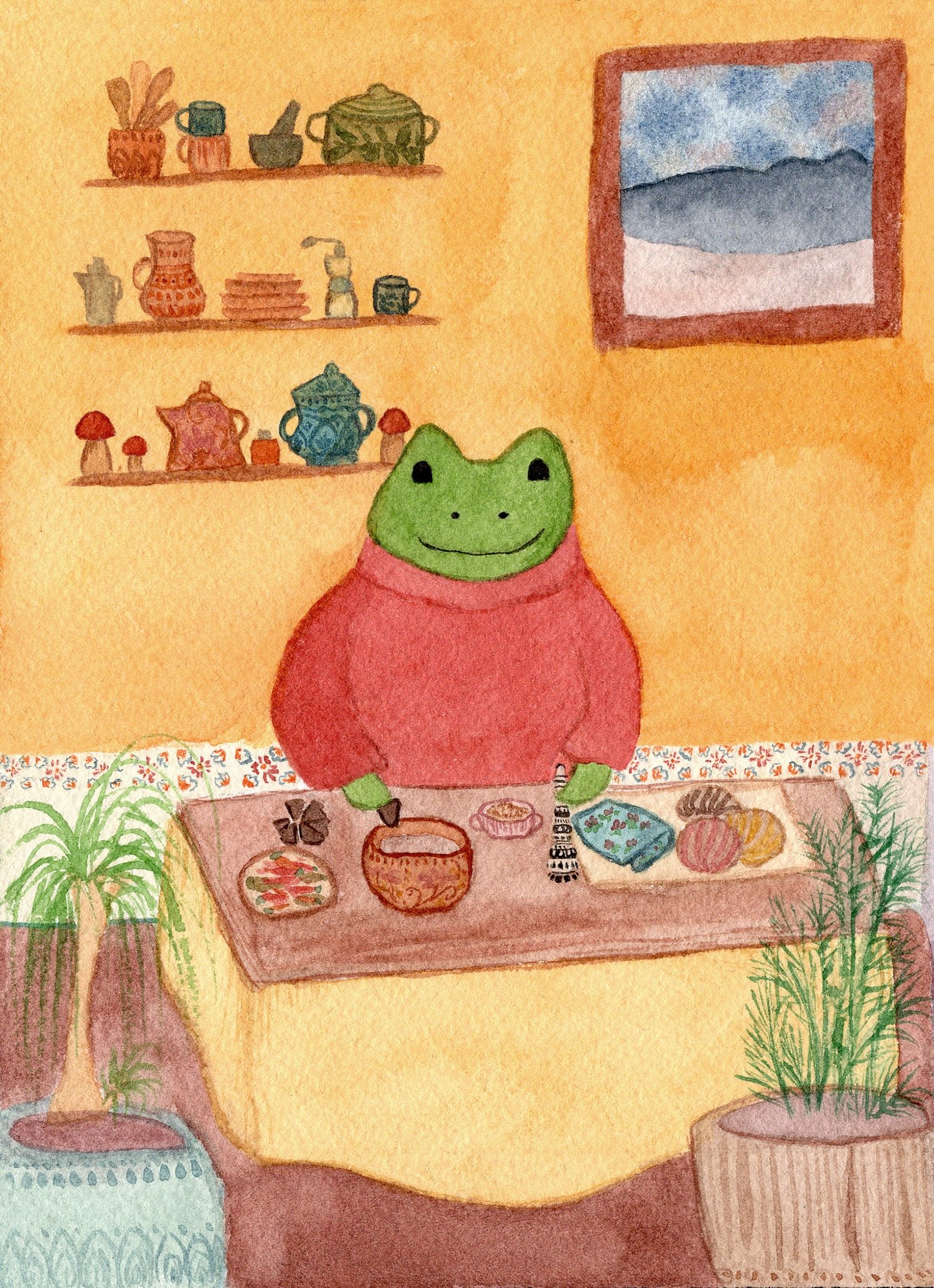 Watercolor illustration of a frog character making Mexican hot chocolate, Abbigail Villescas