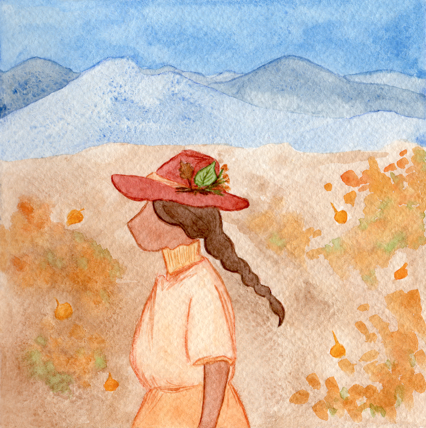 Watercolor painting of a girl with red hat, yellow dress, in autumn landscape with mountains, narrative illustration, Abbigail Villescas