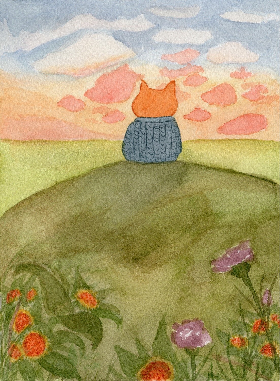 watercolor illustration of fox character sitting on green hill with flowers sunset fall, children's illustration, Abbigail Villescas