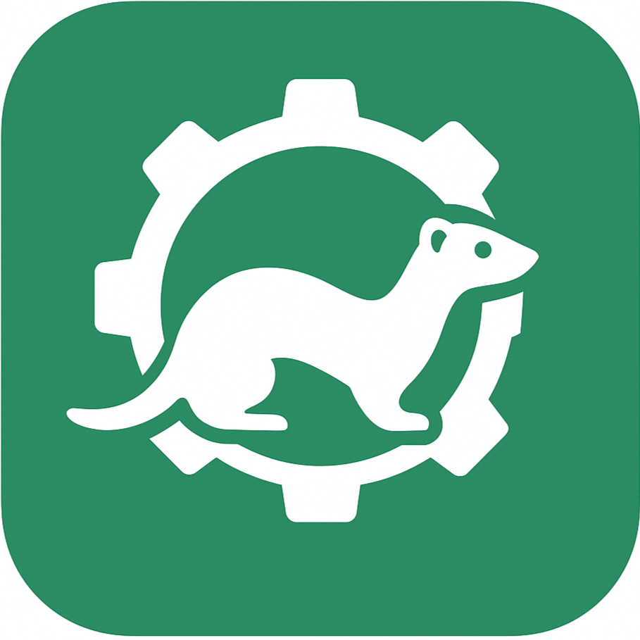 Icon of a ferret inside a gear symbol, on a green background.