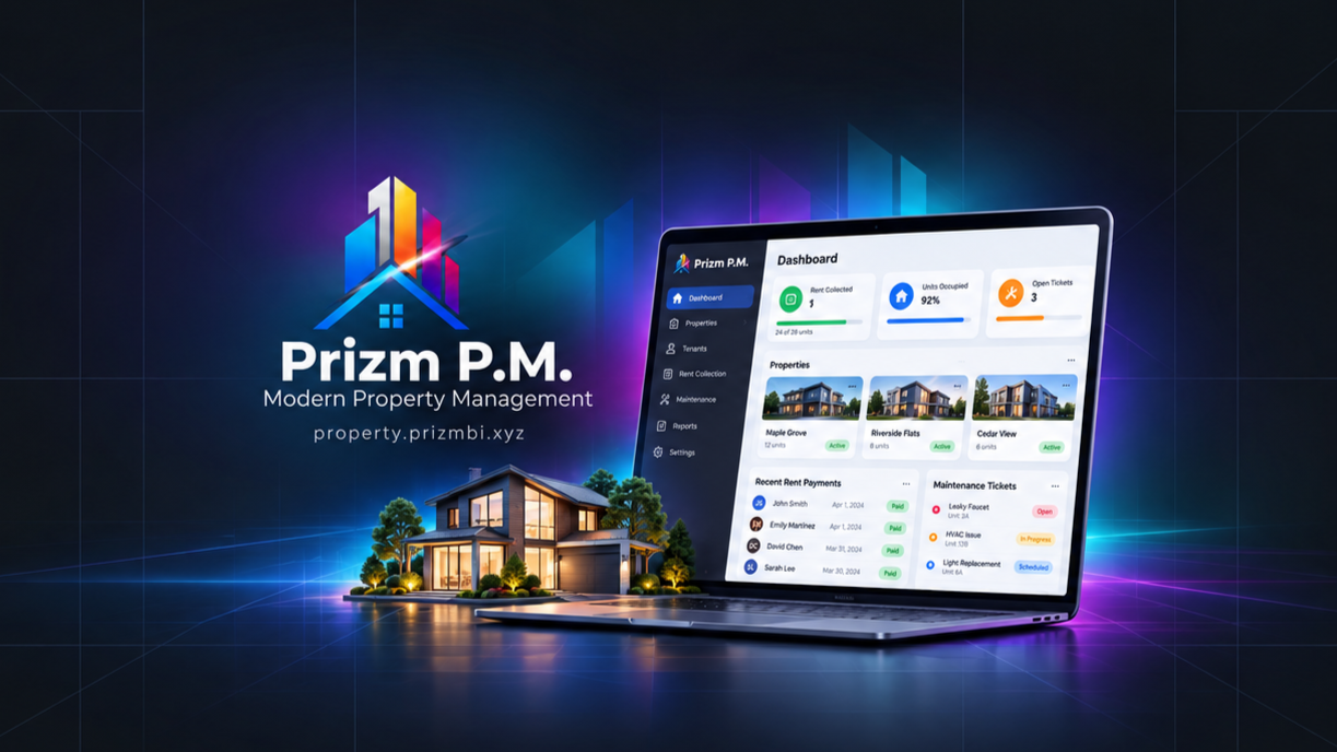 Logo for Prizm P.M. Modern Property Management with a computer screen displaying their dashboard, and a modern house with landscaping beneath it. The dashboard shows property listings, rent collected, units occupied, open tickets, recent rent payments, and maintenance tickets.
