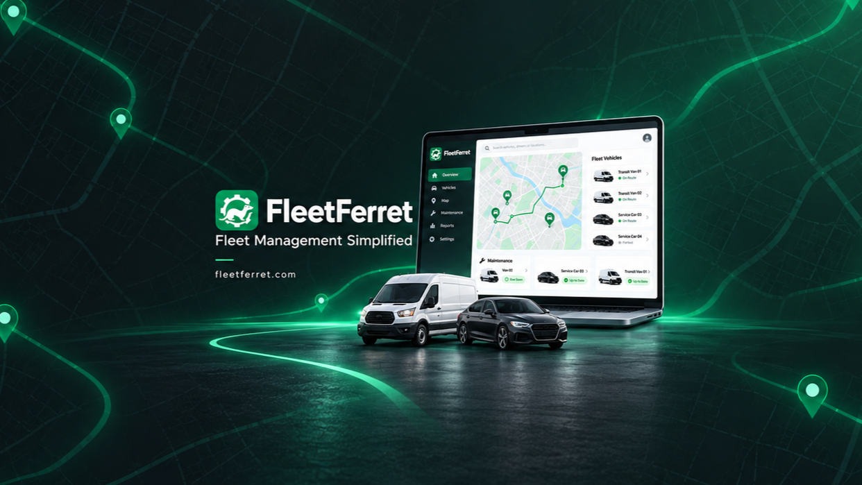 Digital illustration of fleet management technology with trucks, a laptop displaying a map and vehicle statuses, and interconnected green location pins and lines, representing route tracking and fleet monitoring.