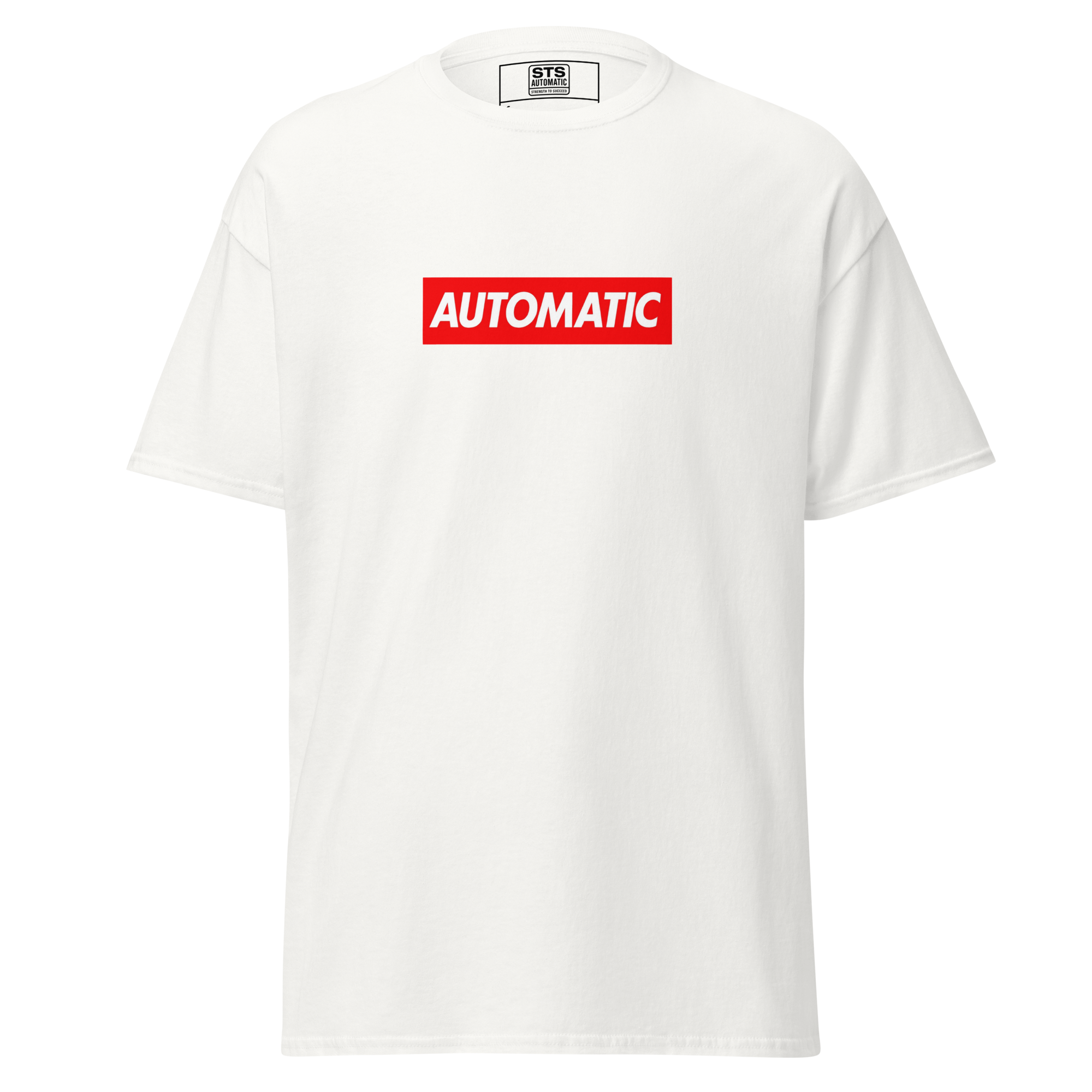 White t-shirt with red rectangle logo featuring the word 'AUTOMATIC' in white uppercase letters.