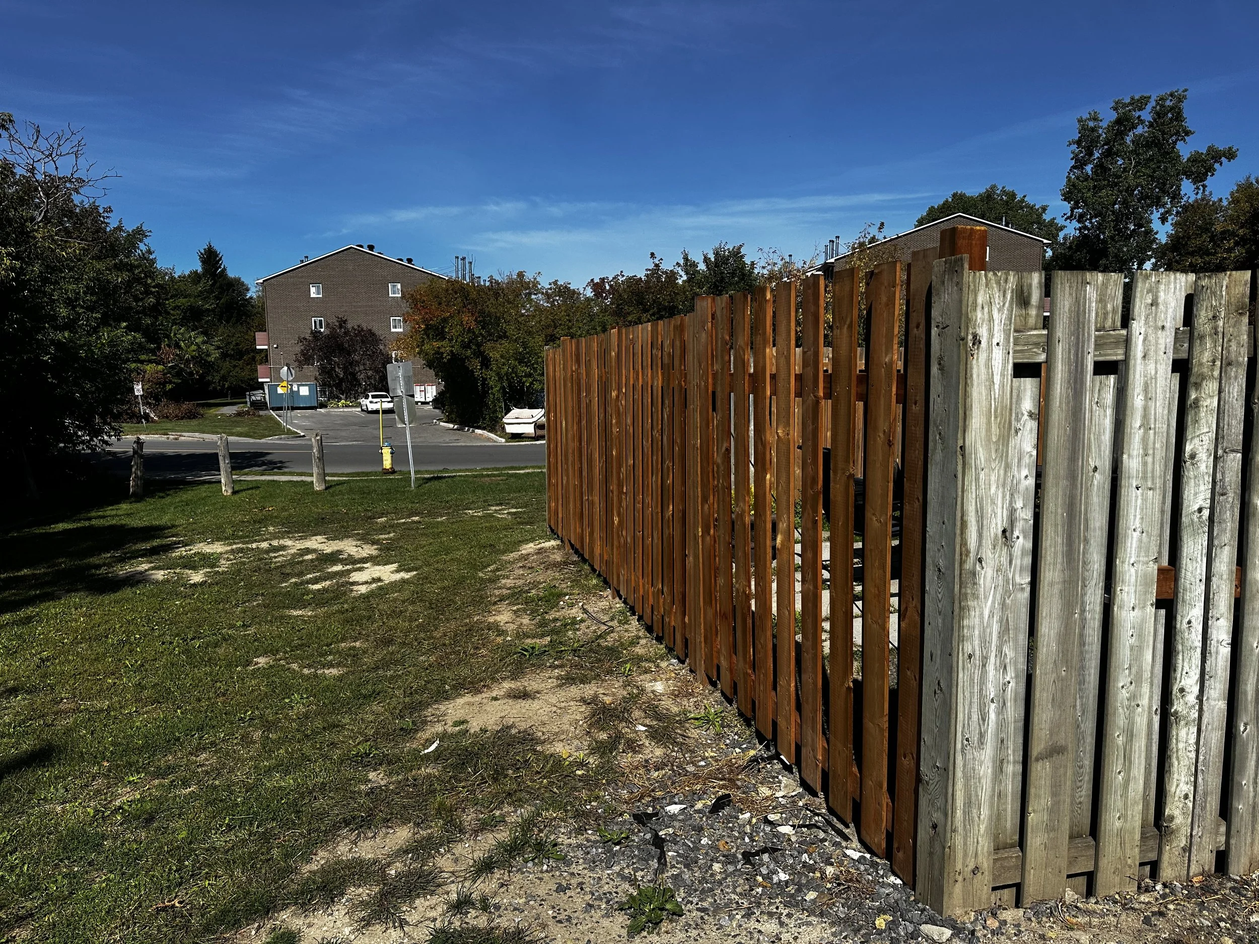 A wooden fence with alternating sections of green and brown wood on a grassy area near a road and residential buildings under a blue sky.
