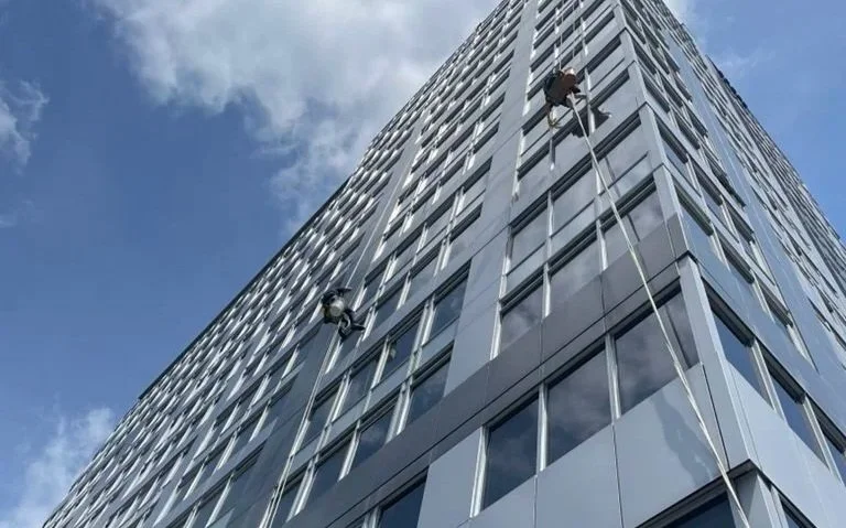 Two window washers cleaning the exterior windows of a tall modern building using ropes and harnesses.