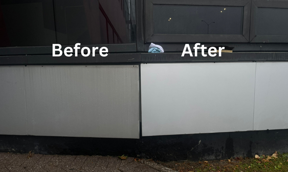 Comparison of a building's exterior before and after cleaning, showing a dirty section transformed into a clean, shiny surface.