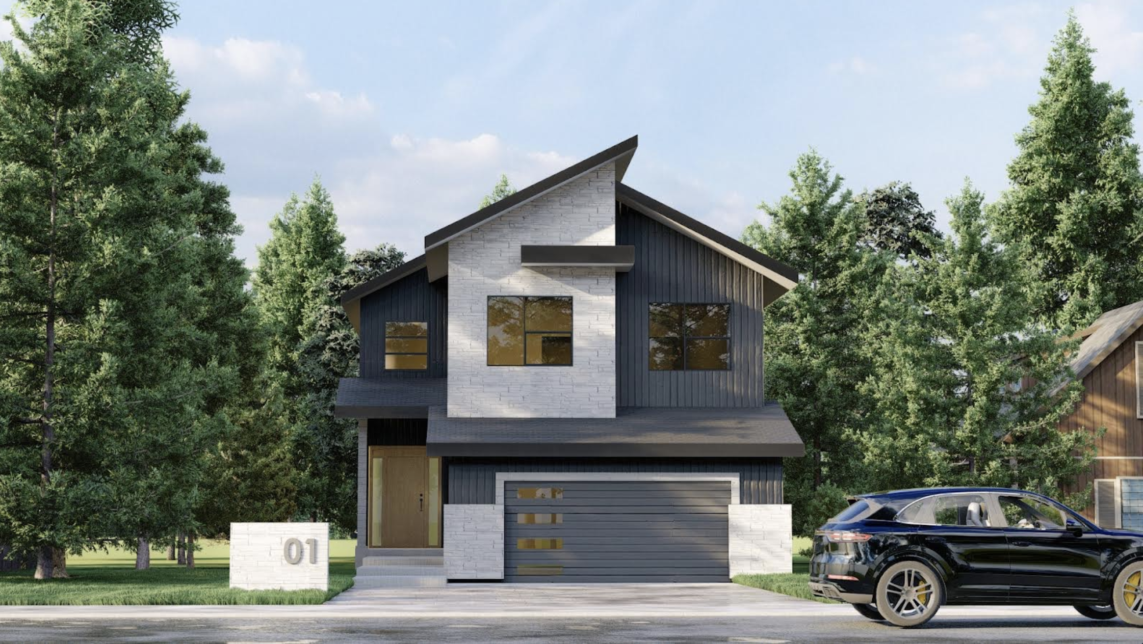 Modern two-story house with black and white exterior, large windows, a garage, green trees, and a black car parked in front.
