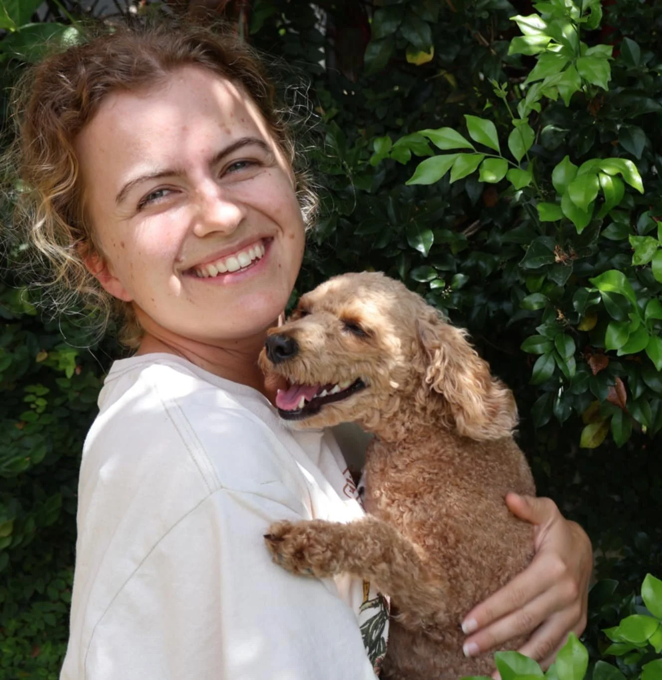 Jojo standing in front of green shrub, holding small brown dog in an embrace