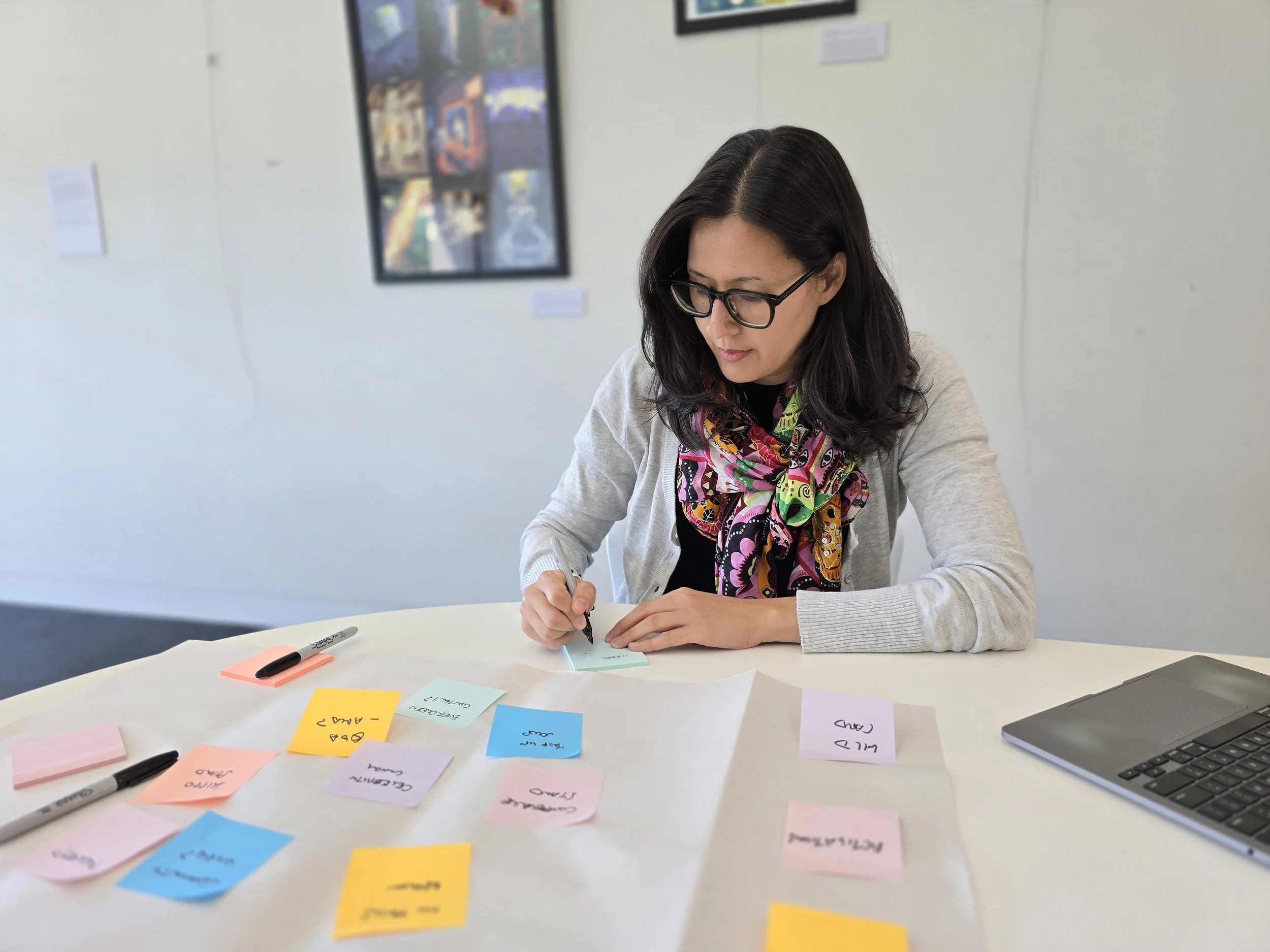 Facilitator writing post it notes as part of an ideation brainstorming session