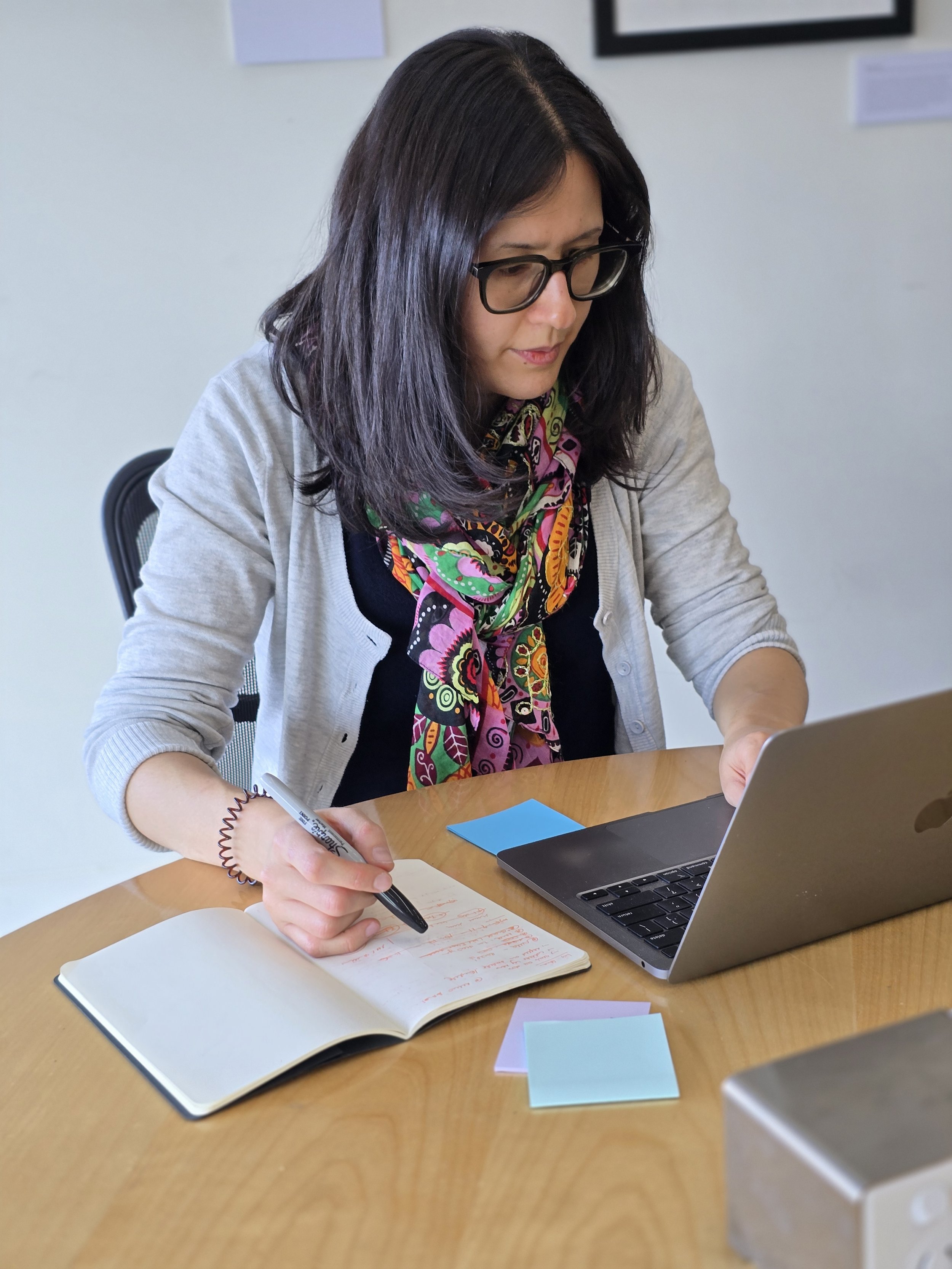 Researcher looking at a laptop at a desk