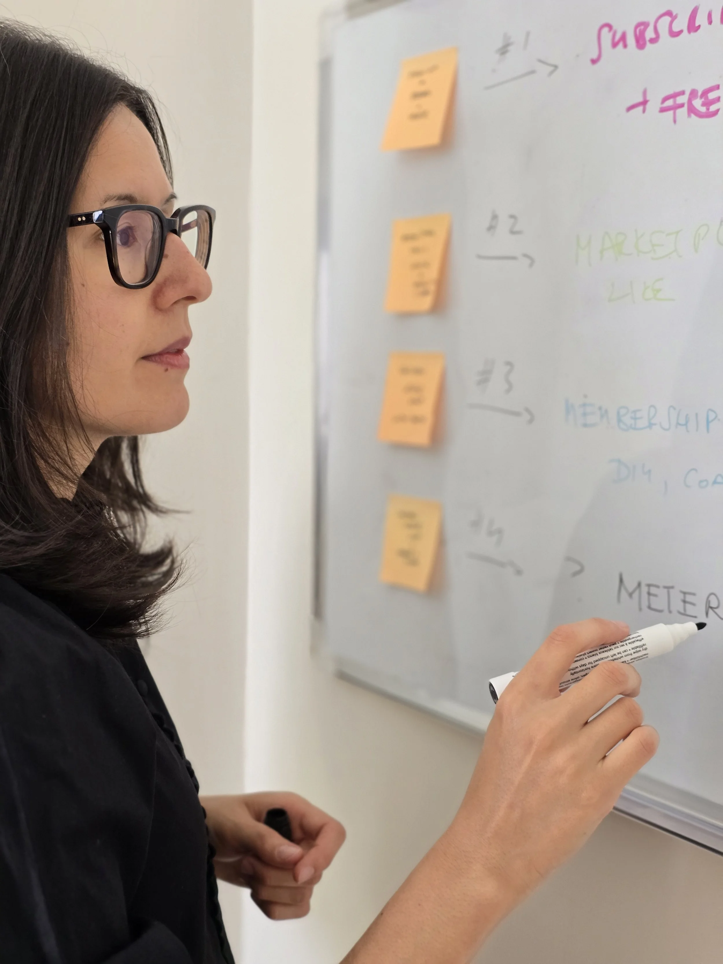 Facilitator reviewing ideas on a white board