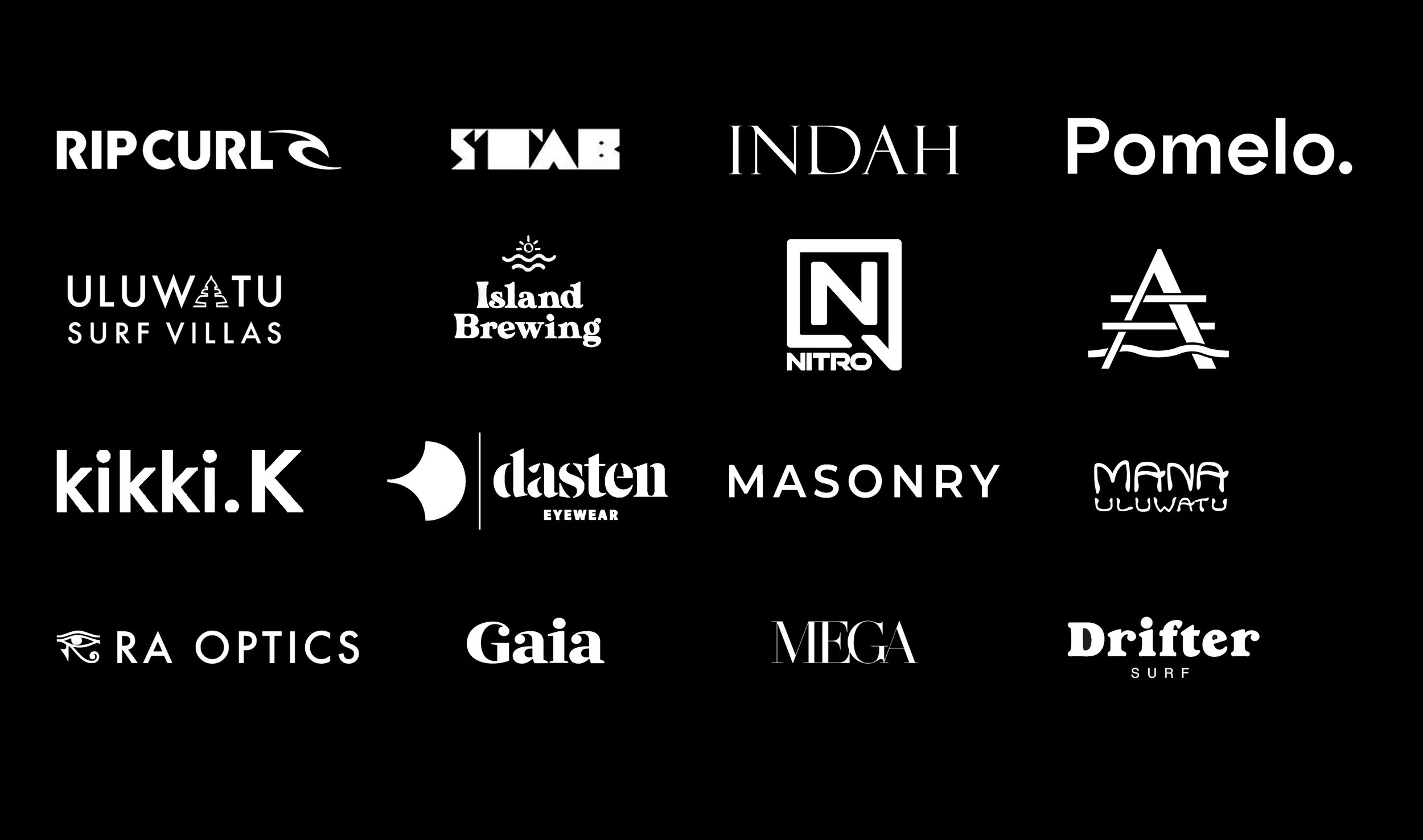 A black background with white logos of various brands and companies, including RipCurl, STAB, INDAH, Pomelo, ULUWATU SURF VILLAS, Island Brewing, NITRO, a geometric mountain, kikki.K, Dasten Eyewear, MASONRY, MANA ULUWATU, RA OPTICS, Gaia, MEGA, and Drifter Surf.