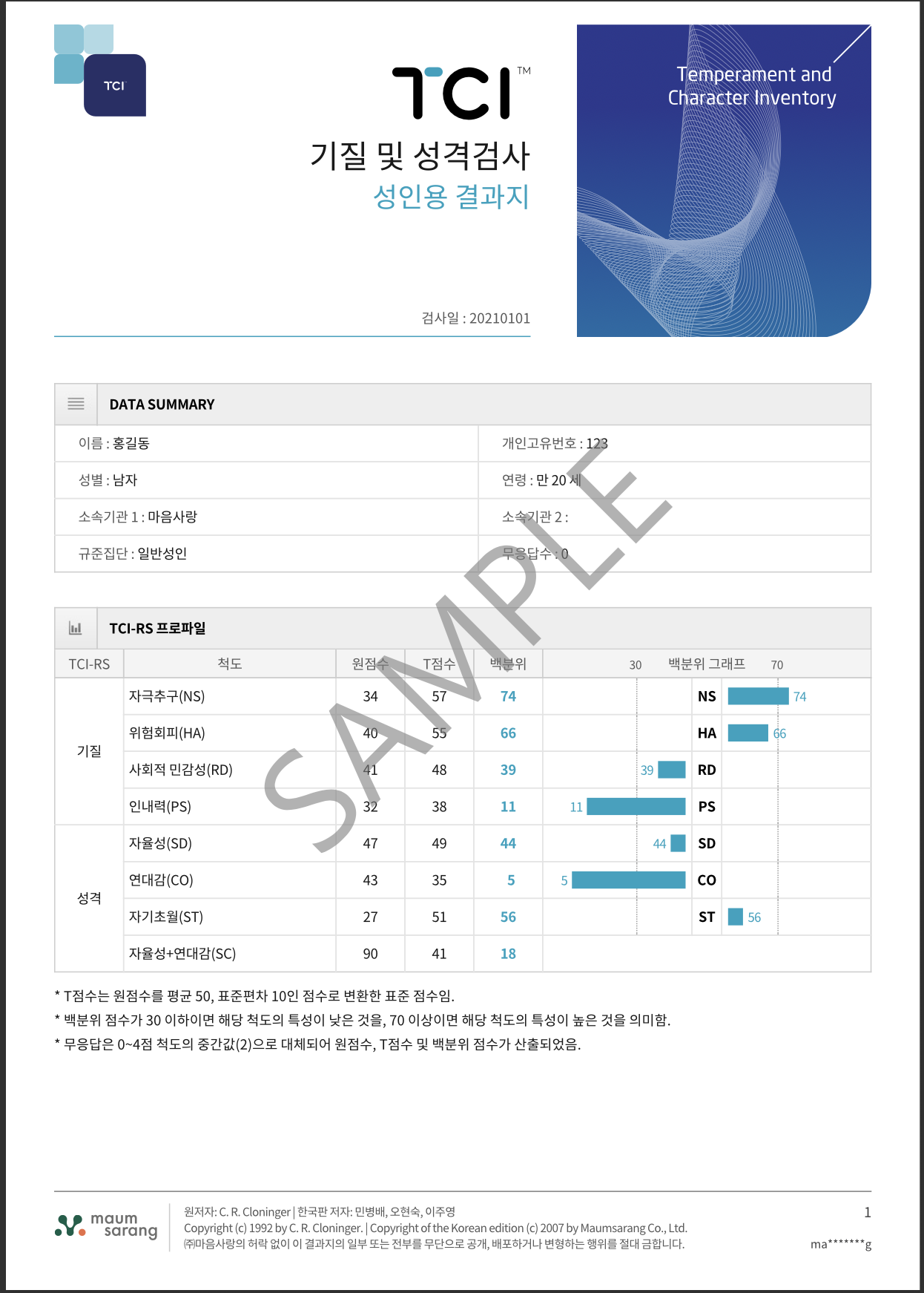 기질및성격검사 성인용 결과지