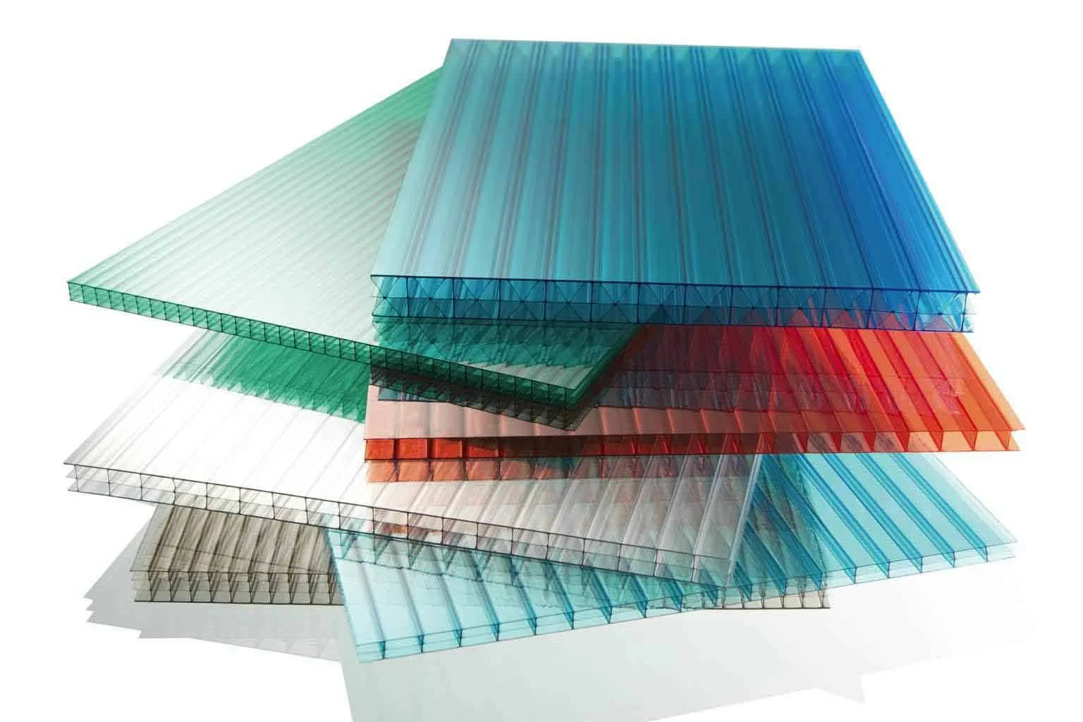 Stacked colorful sheets of translucent plastic or glass with different colors including blue, green, red, and beige.
