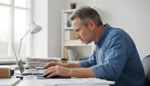 Man leaning oiver a laptop - poor posture