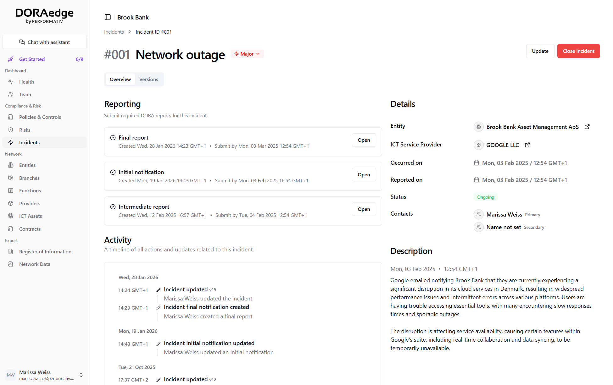 Incident management and reporting on DORAedge