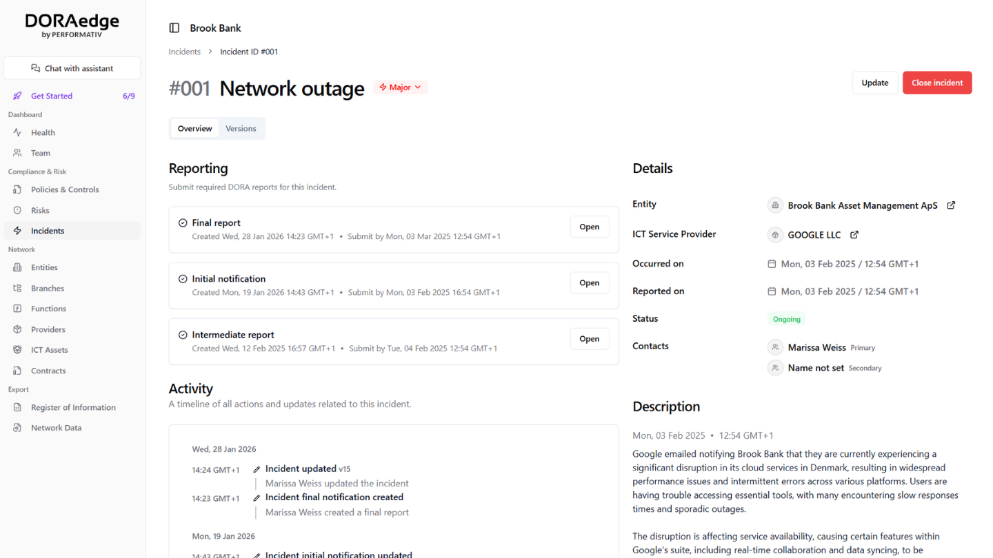 Incident management on the DORAedge platform