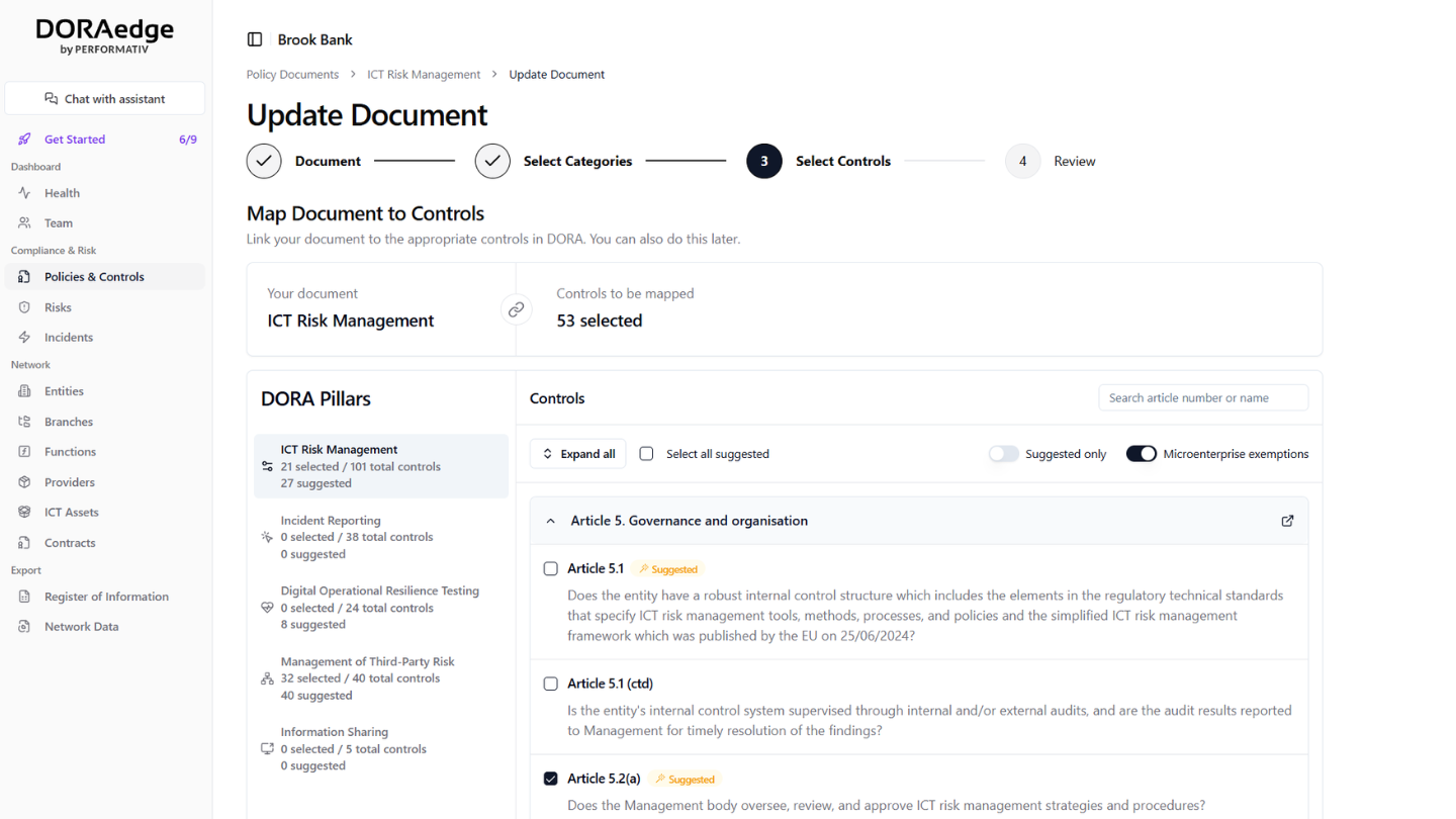 Policies control mapping on the DORAedge platform