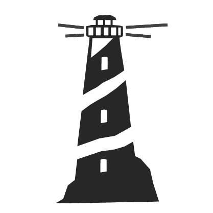 Silhouette of a lighthouse with a spiral stripe pattern on the tower.