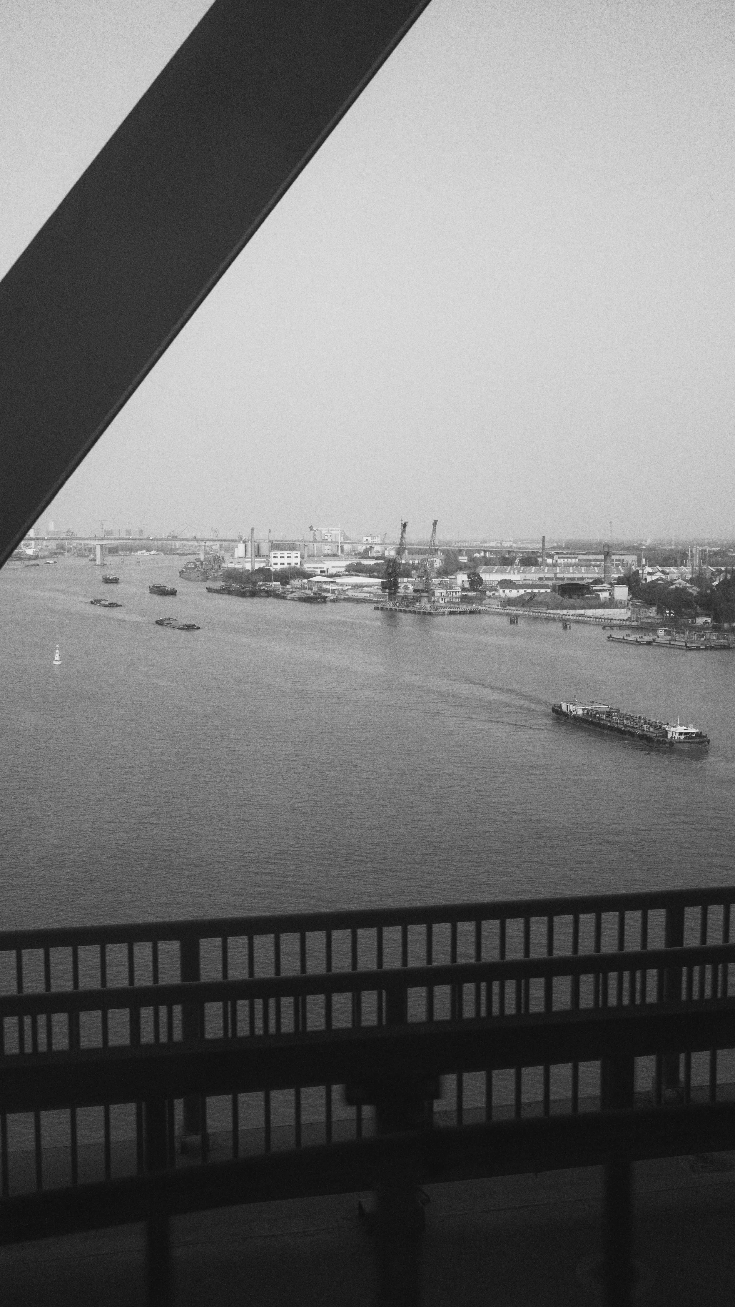 View of a harbor with boats and ships, seen through a window or balcony railing, in black and white.