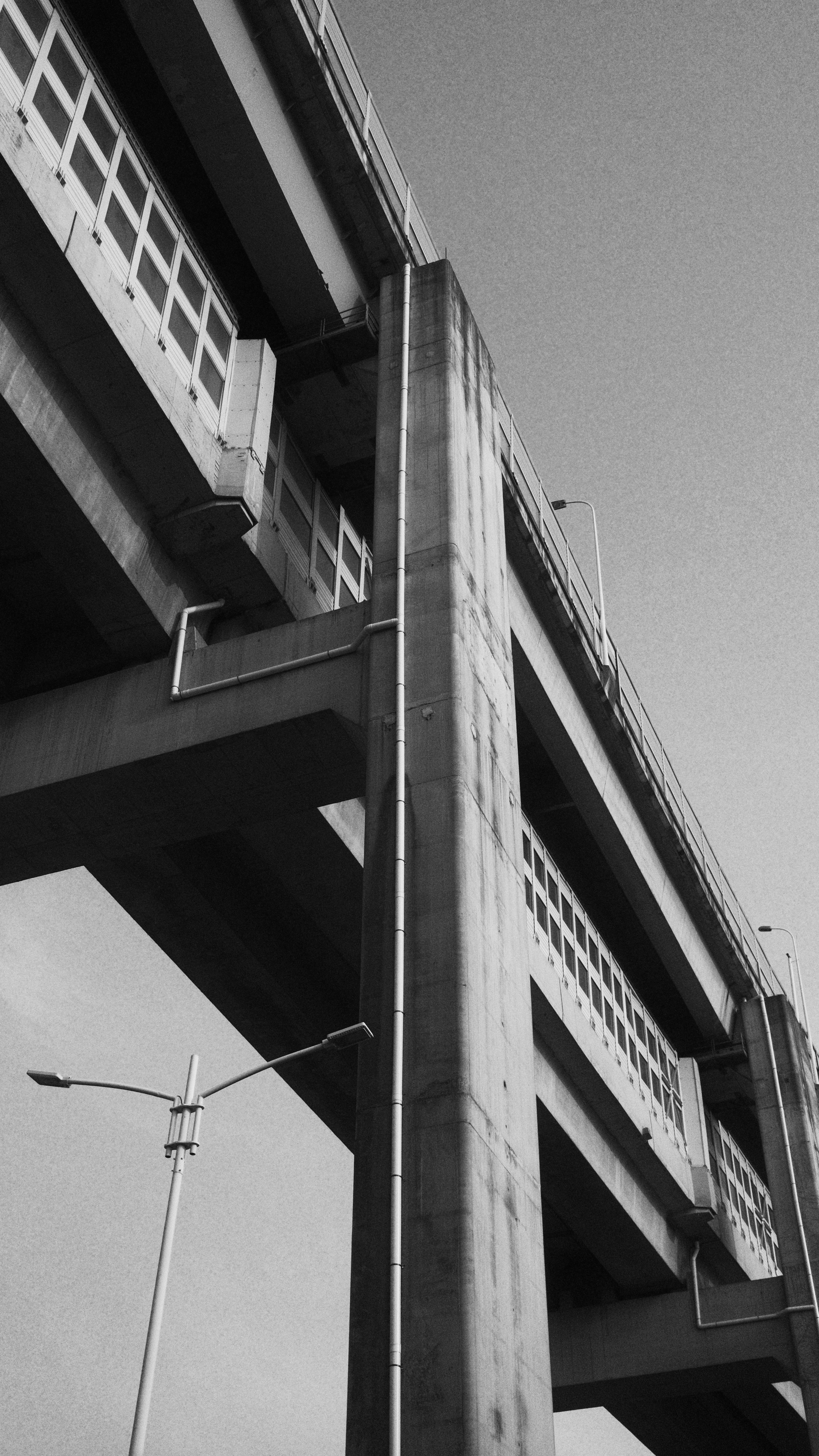 Black and white photo of a large concrete bridge or overpass with multiple supports, pipes, and street lamps, viewed from below against a clear sky.