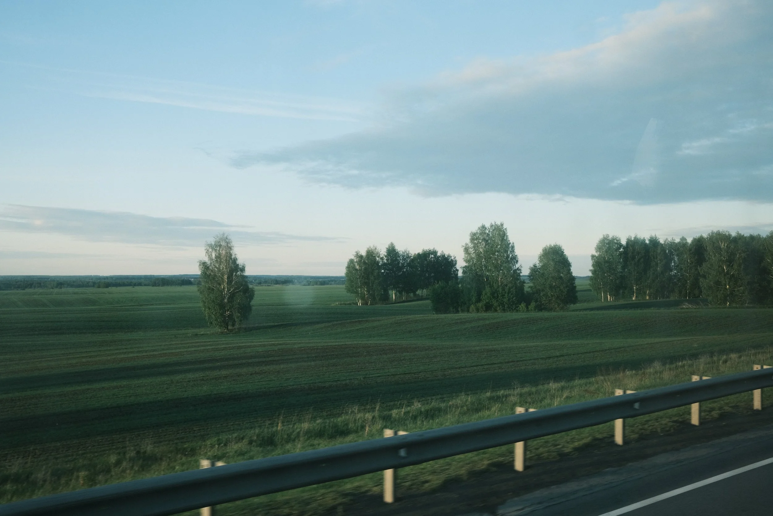 Scenic view of a rural landscape with green fields, scattered trees, a cloudy sky, and a highway guardrail in the foreground.