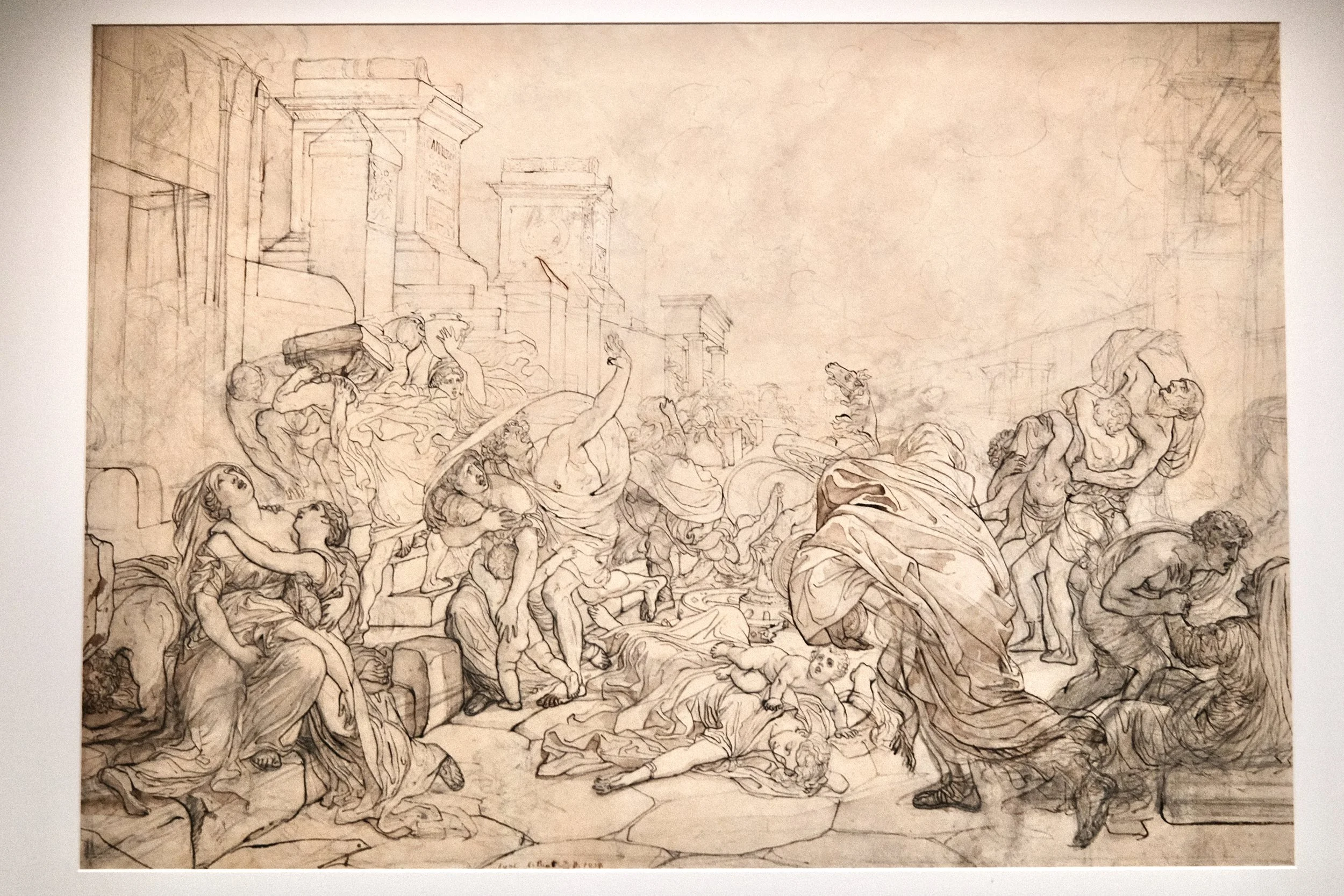Sketch of a theatrical or historical scene with multiple figures in classical clothing on steps and street, some gesturing or interacting, with buildings in the background.