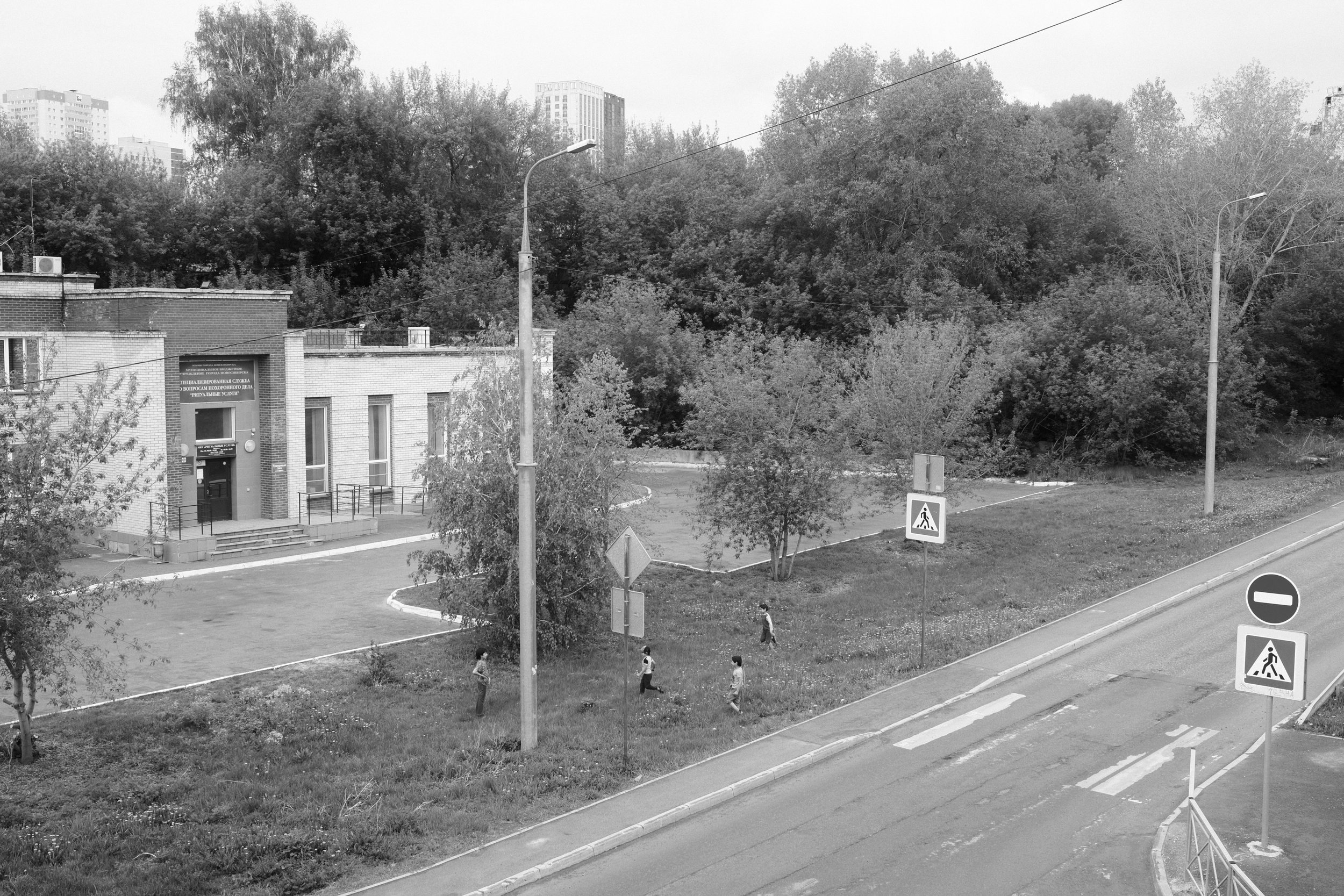 A black and white photo of a sidewalk and street near a park. There are four children walking on the grass, trees, street signs including a pedestrian crossing sign, and a building in the background.