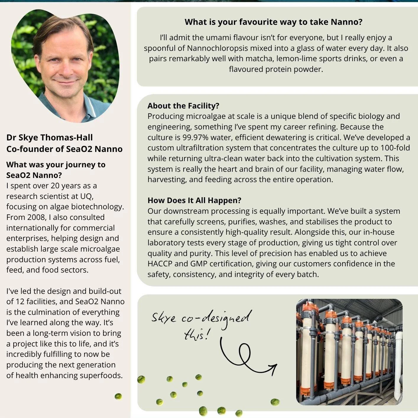 Our April newsletter is live!
We put the spotlight on Dr Skye Thomas-Hall, our Co-founder and one of the most experienced commercial microalgae scientists.  Skye talks about the journey, the facility design (he co-designed our custom ultrafiltration 