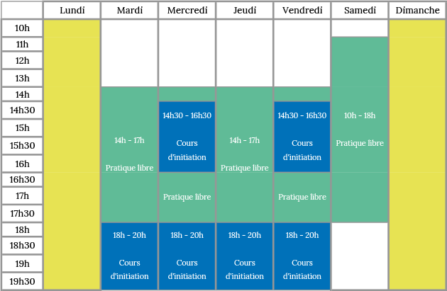 Tableau d'horaire avec colonnes indiquant des sessions de "Pratique libre" et "Cours d'initiation" à différentes heures, réparties de lundi à dimanche. Fond coloré en jaune, vert et bleu pour distinguer les activités et les jours.