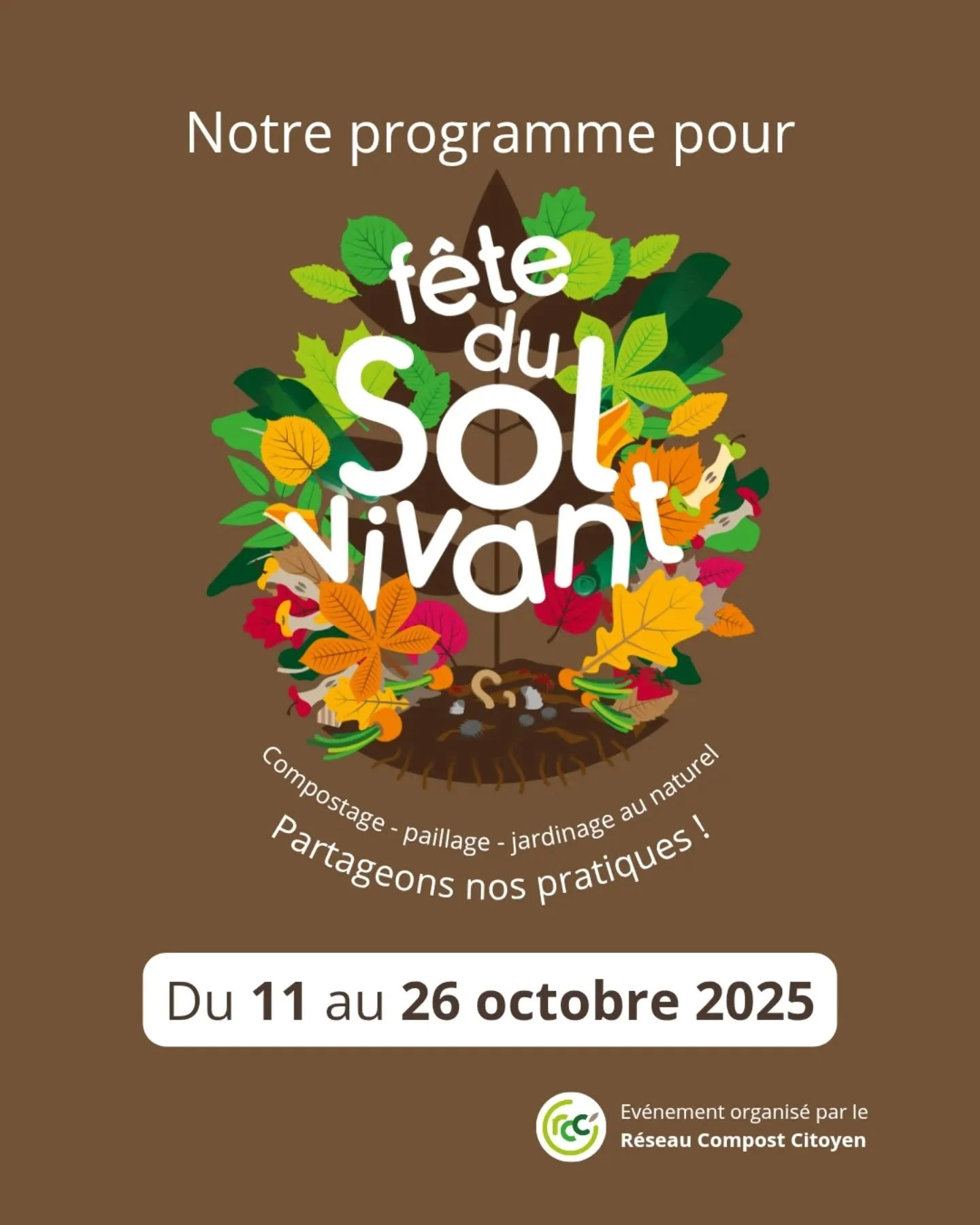 🍂 La F&ecirc;te du sol vivant 🍂 - Notre programme

Le @reseaucompostcitoyen organise pour la 3&egrave;me ann&eacute;e cet &eacute;v&eacute;nement national pour mettre en lumi&egrave;re le sol et son importance dans notre eco-syst&egrave;me.

🍄 Alo
