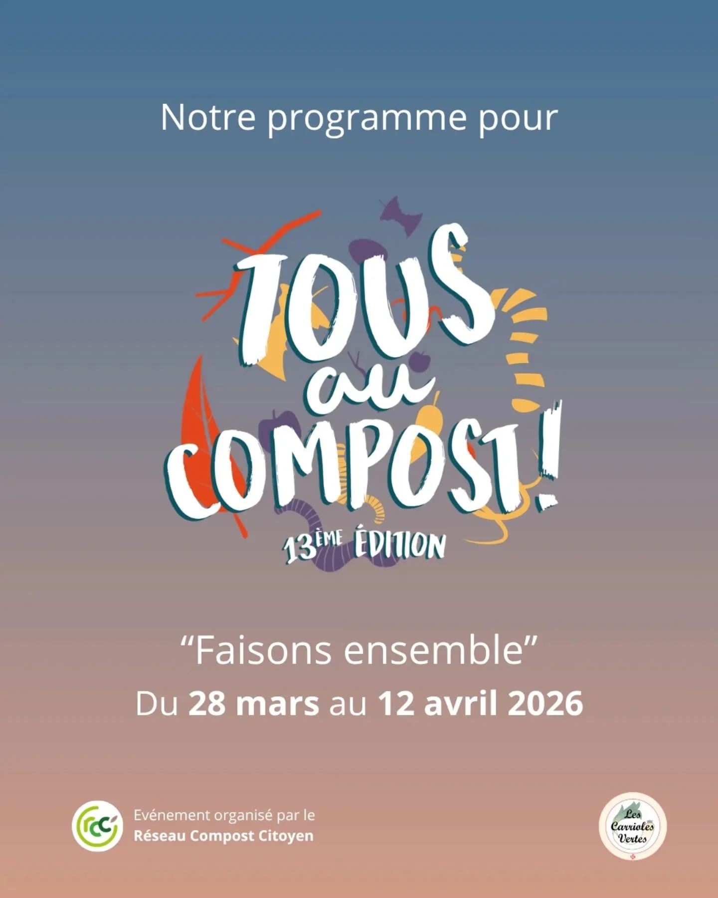 ✨📅Tous au compost ! 13&egrave;me &eacute;dition - Faisons ensemble

🌼 C&rsquo;est le printemps et le printemps rime avec &eacute;v&eacute;nements ! 🌼 Comme d'habitude &agrave; l&rsquo;occasion de "Tous au compost" on met les petits plats