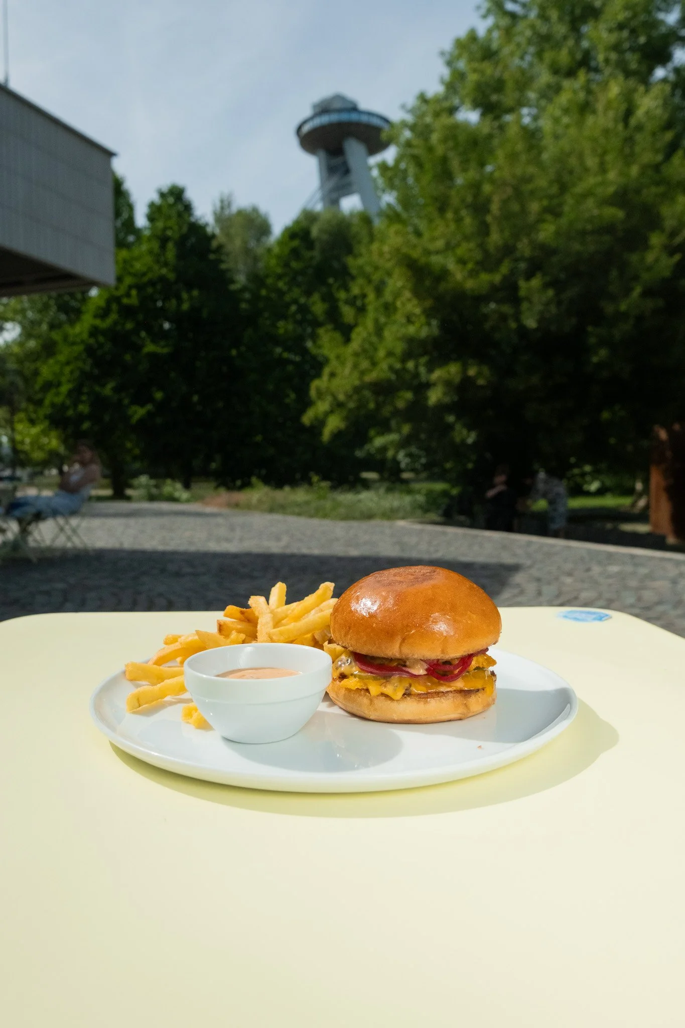 A cheeseburger with ketchup, tomatoes, and cheese served with French fries and a small cup of dipping sauce on a white plate. In the background, there are trees, a road, and a water tower visible in the distance.