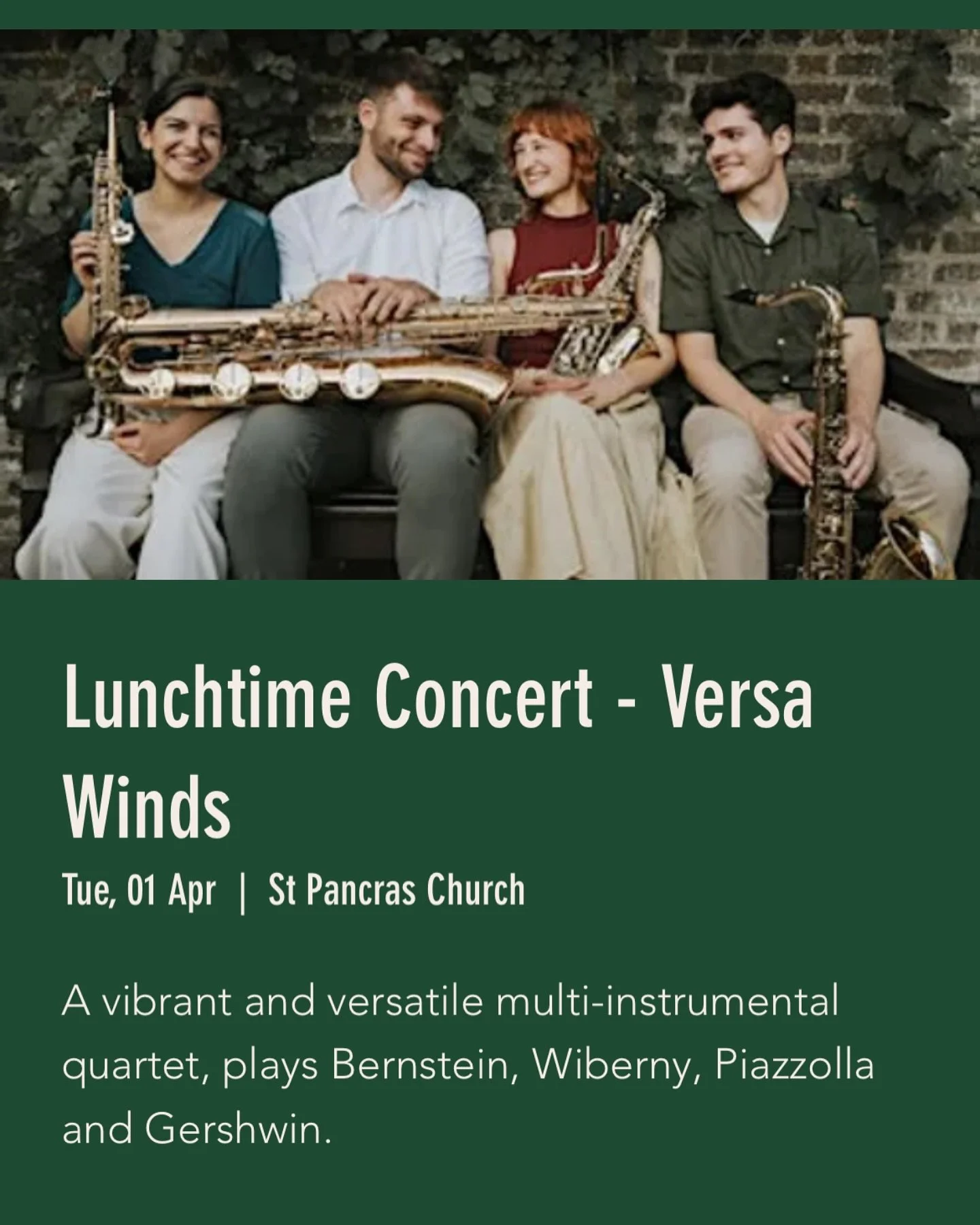 Come along tomorrow from 1pm at St Pancras Church, Euston Road to hear us in action again playing works by Bernstein (Arr. L Kataria), Wiberny, Piazzolla and Gershwin! FREE ENTRY! More details can be found at https://www.stpancraschurch.org/events/lu