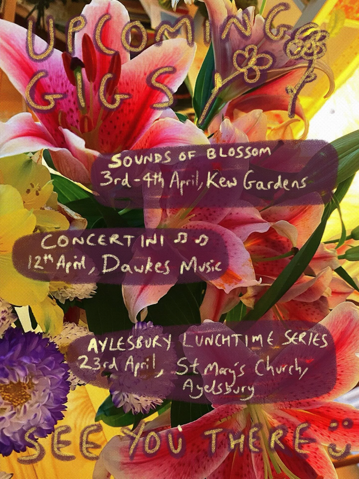 🌷🌷🌷Spring Concerts 🌷🌷🌷
We are so excited for our upcoming concerts in and outside of London, and we&rsquo;d love to see some of you there!

Do come down to:

@kewgardens Sounds of Blossom series 3/4, 4/4
@dawkes_music Concertini 12/4
And our Ay