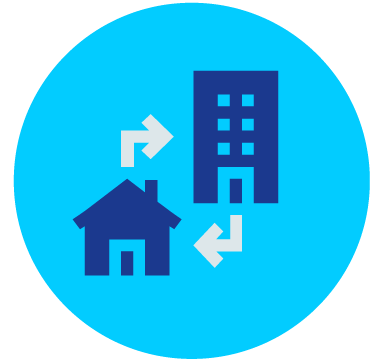 Icon showing house and building with arrows indicating exchange or transfer between them.