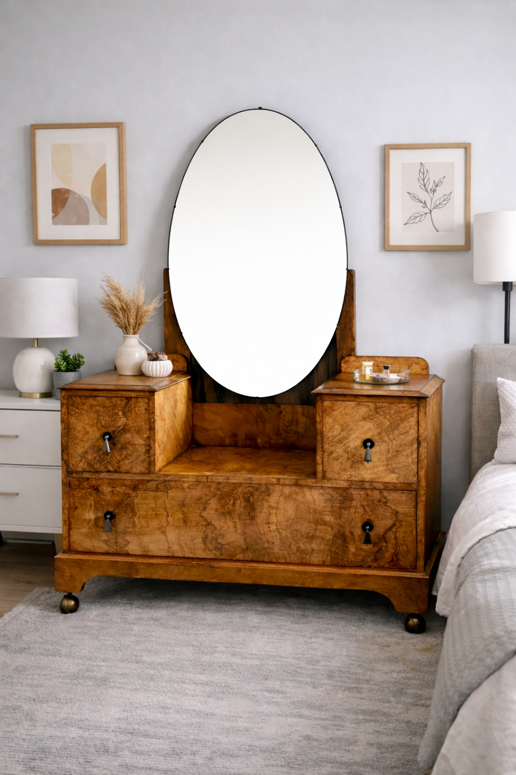 A bedroom with a wooden dresser topped with an oval mirror, two framed art pieces on the wall, and various decorative items, including a table lamp, a plant, and a vase with dried plants.