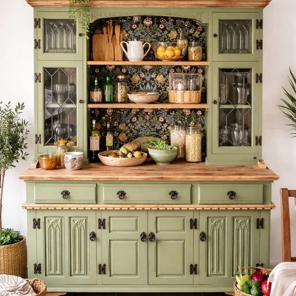 A green wooden kitchen cabinet with glass-paneled doors, open shelves displaying jars, bottles, bowls, and decorative items, and a wooden countertop with a bowl of vegetables and jars, set against a floral wallpaper background.