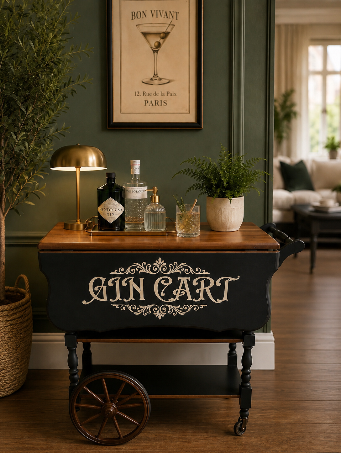 A vintage gin cart with a black painted body and white lettering, featuring wheels and a wooden top. The cart holds bottles of Hendrick's gin, The Botanist gin, a small decorative tray, a glass of mixed drink, and a potted plant. Behind the cart, there is a framed vintage-style print on a green wall, depicting a cocktail glass with olives and the words 'Bon Vivant' and '12, Rue de la Paix, Paris.' To the left, a tall potted plant with leafy branches, and a modern gold desk lamp. In the background, a cozy living room with a sofa and large windows.