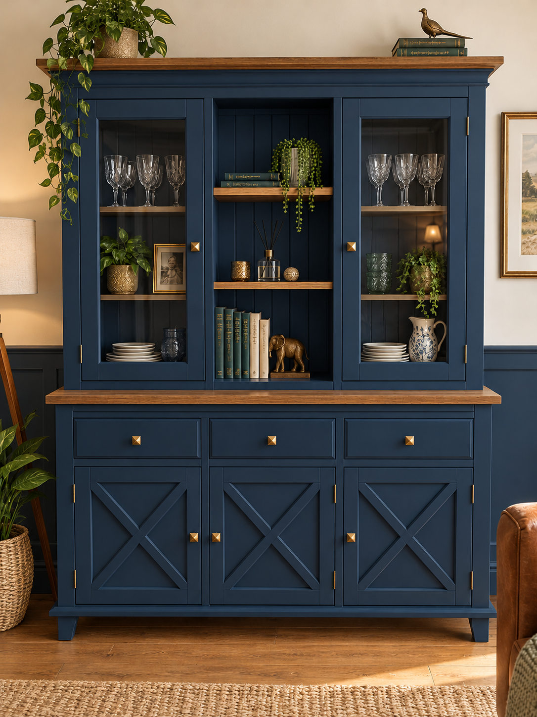 Navy farmhouse hutch styled in warmth.png