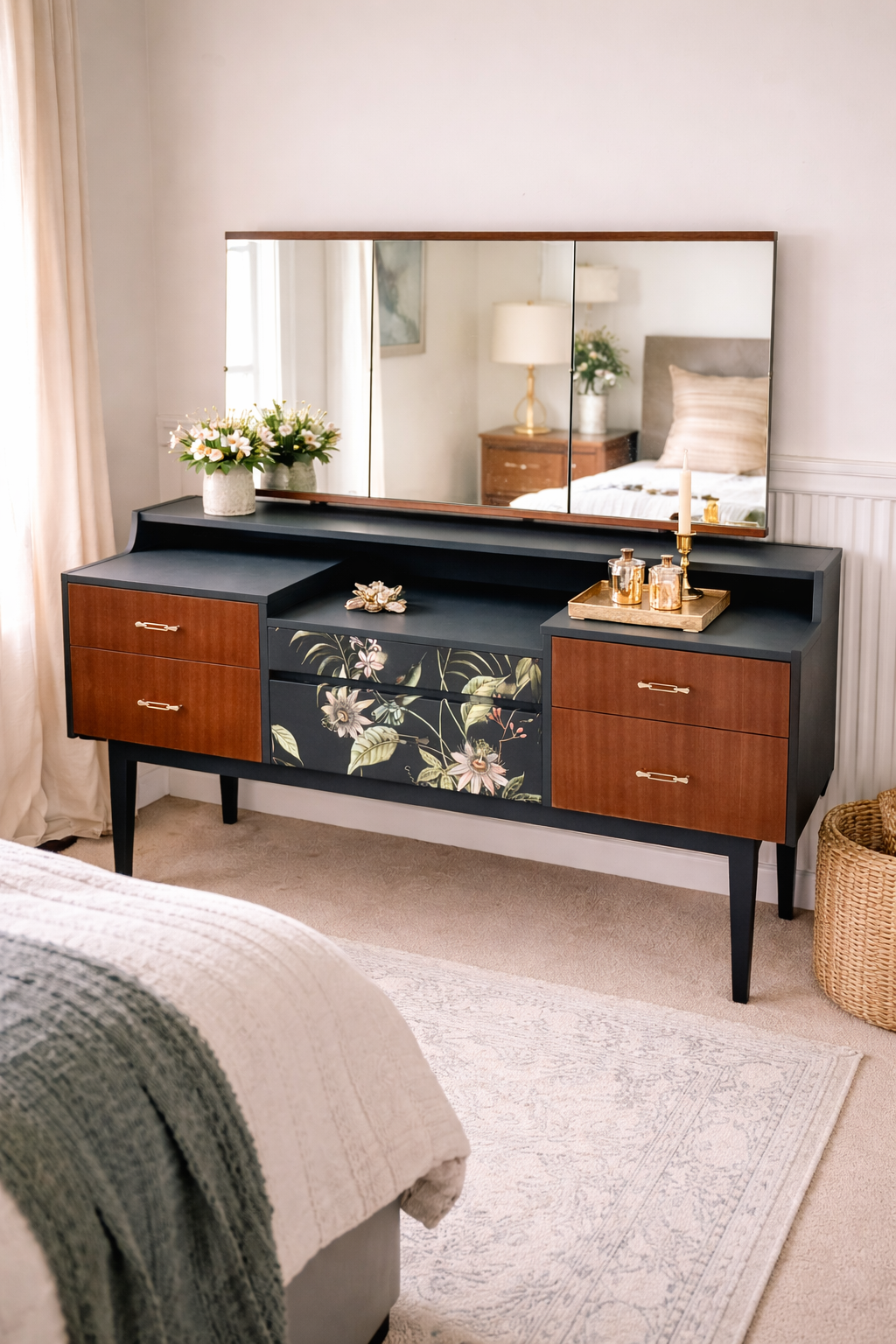 A bedroom with a black and wooden dresser topped with a flower arrangement, a candle, and decorative bottles; a mirror above reflecting a bed with a gray headboard, bedside table, and lamp.