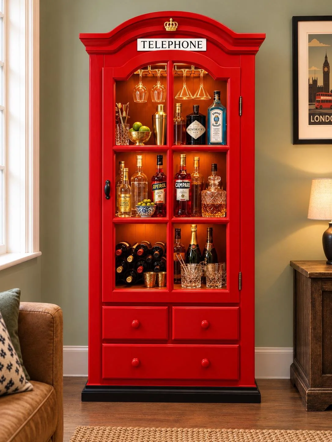 Vintage Red Telephone Box Style Cocktail Cabinet
